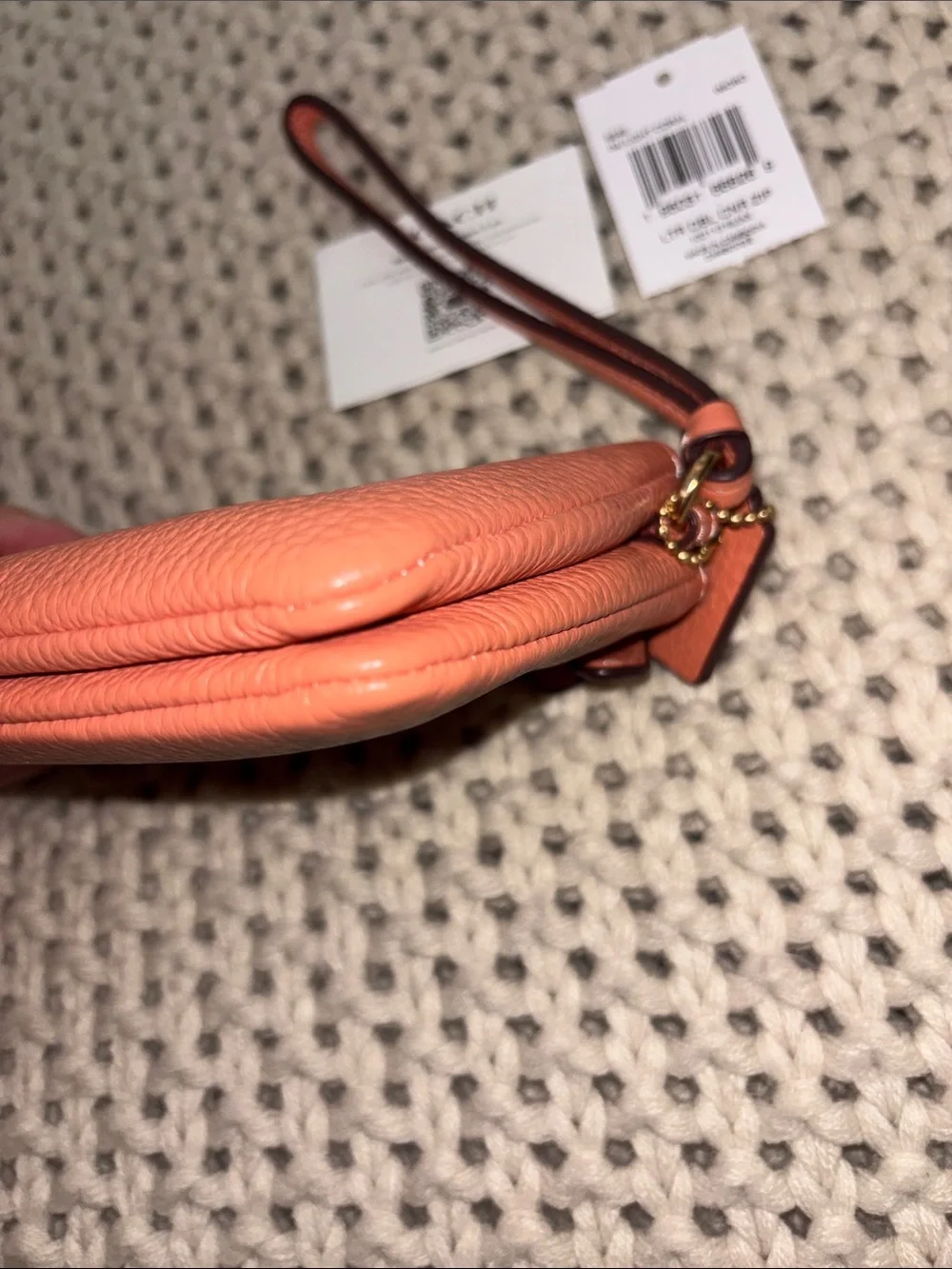 Coach Coral/Peach Gold Pebbled Leather Wristlet double corner zip